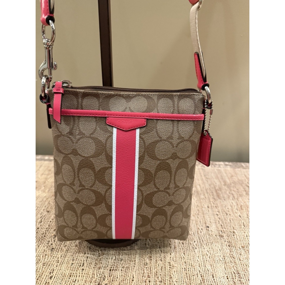 Y2K Coach Logo Signature Coated Canvas Pink‎ Trim Crossbody Swing Bag Pink Lined